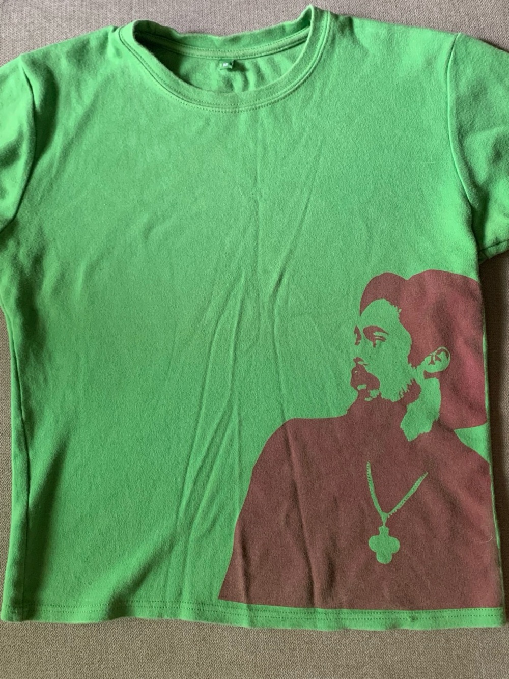 Green M Damian Jr. Gong Marley Graphic Crew Neck T-Shirt with Burgundy Print